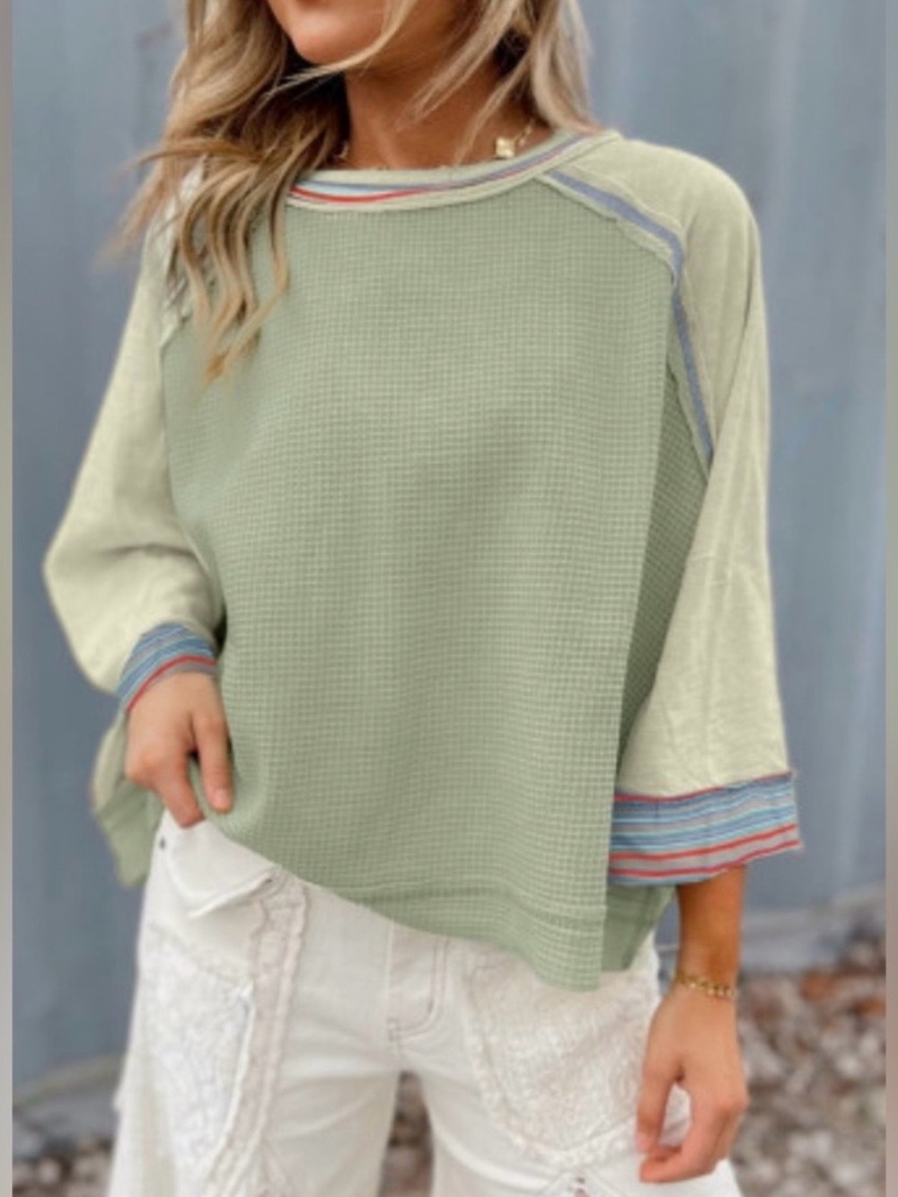 Sage Green Waffle Knit Raglan Sleeve Top